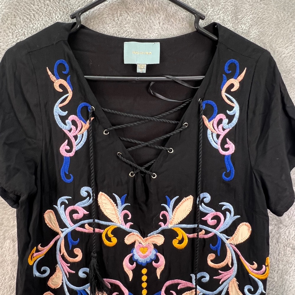 Bohemian Festival M Black Embroidered Lace Up Hippie Peasant Folk Summer Dress